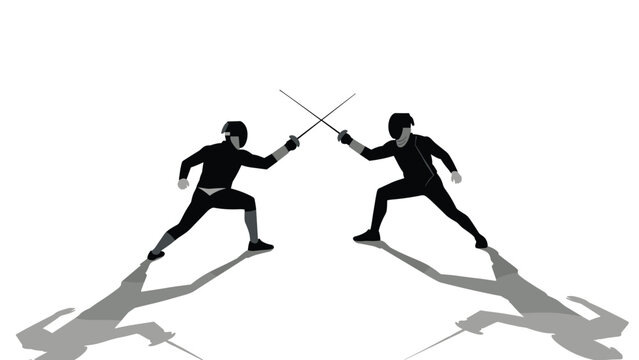 Silhouette fencing duel: two athletes sparring in dynamic combat pose