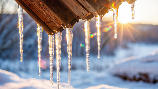 Close up of icicles hanging from a wooden roof with a warm sun flare in the background on a snowy winter day First Day of Winter 