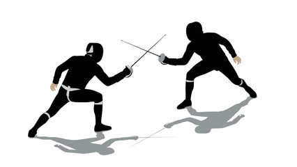 Dynamic silhouette of two fencers engaged in an intense duel