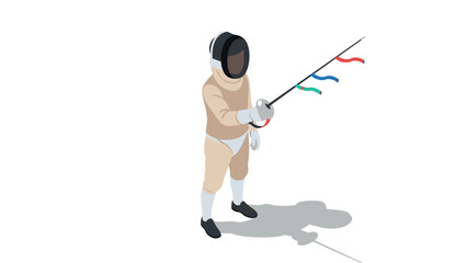 Isometric fencing athlete in protective gear with colorful saber