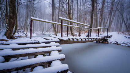 Snow covered wooden bridge over a frozen stream in a serene winter forest with bare trees and soft light First Day of Winter