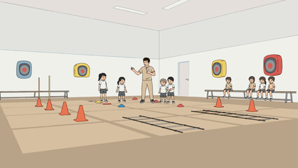 Obraz premium Children in gym class engaging in physical activities with instructor