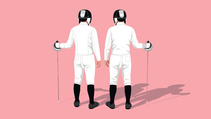 Obraz premium Fencing sport athletes in protective gear with swords on pink background