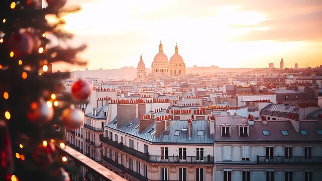 Winter holiday celebration concept. Christmas New Year. Aerial view of Paris during sunset with Christmas tree and ornaments on balcony overlooking cityscape.