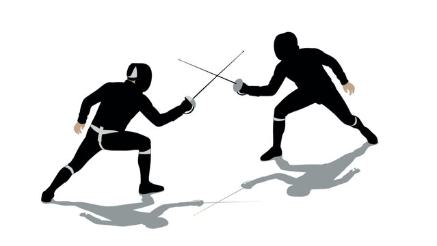 Dynamic silhouette of two fencers engaged in an intense duel