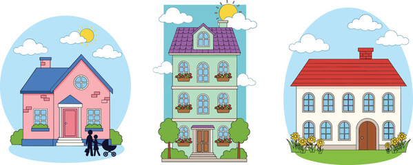Residential houses vector illustration set featuring family home apartment building and suburban property exteriors