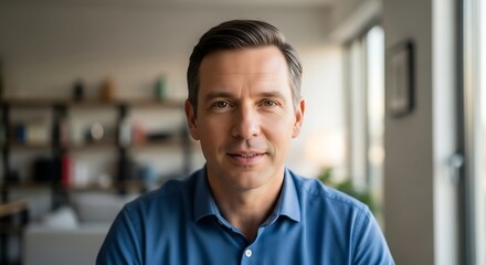 Fototapeta premium Confident man in blue shirt poses with direct gaze indoors