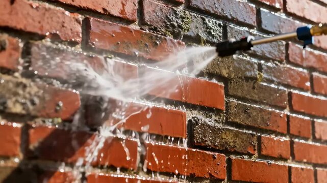 Pressure washing a brick facade in medium view forcefully removing years of buildup to restore the walls original color and sharp details.