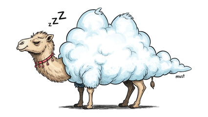 Dreamy Cloud Camel: A whimsical illustration of a camel, its humps transformed into fluffy clouds, drifting peacefully with closed eyes, embodies tranquility.