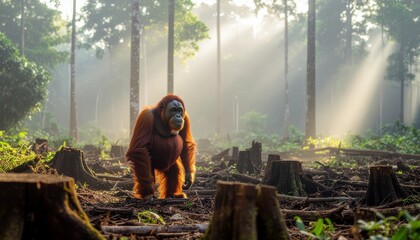 A Sumatran orangutan standing beside tree stumps in devastated forest