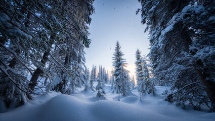 Snow covered evergreen trees in a winter forest with sunlight filtering through the branches creating a magical atmosphere First Day of Winter