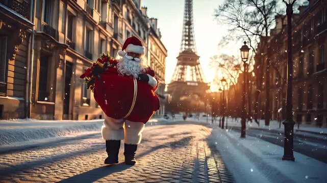 Winter holiday celebration concept. Christmas New Year. Santa Claus in Paris during winter, with Eiffel Tower in the background.