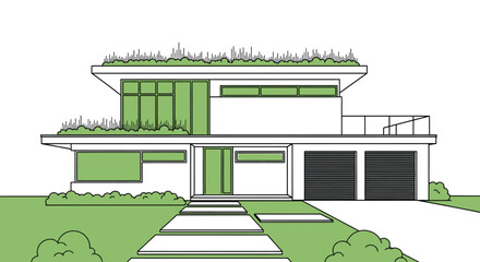 Obraz premium Modern house green roof architecture design home exterior drawing