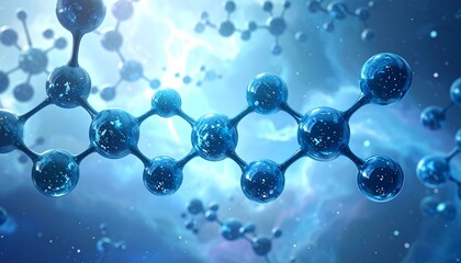 Stylized molecular chain of colored atoms with rods in glowing blue scientific background.