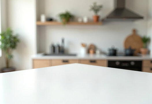 Marble empty white table top fron view, blur minimalistic scandy kitchen interior background in brown wooden colour and light wood, for montage product display or design key visual layout
