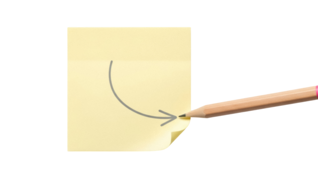 Yellow sticky note with arrow and pencil isolated PNG, reminder message on transparent background, office supply for planning and organization