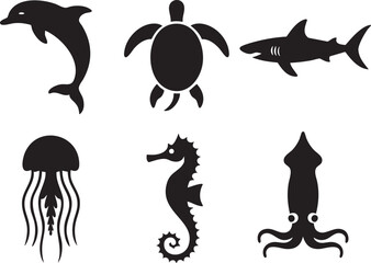 Six black silhouette marine animals including dolphin shark turtle jellyfish seahorse and squid