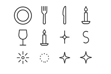 Flat Lay Icons. Flat lay table setting. Line outline icon set of Flat lay table setting: dinner plate, fork,
