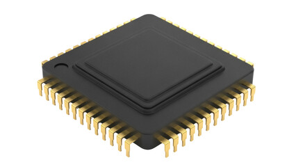 Black quad flat package chip isolated PNG, surface mount integrated circuit for electronics and computer hardware design