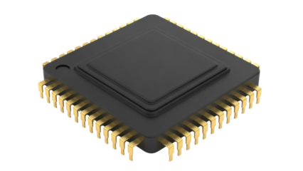 Black quad flat package chip isolated PNG, surface mount integrated circuit for electronics and computer hardware design
