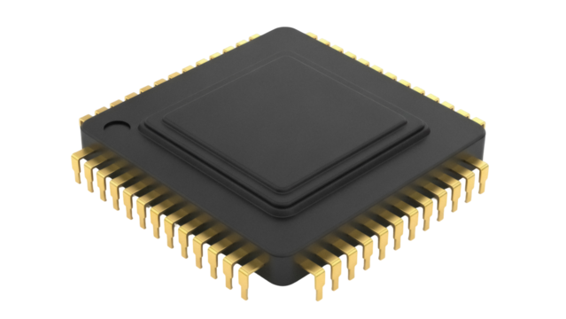Black quad flat package chip isolated PNG, surface mount integrated circuit for electronics and computer hardware design