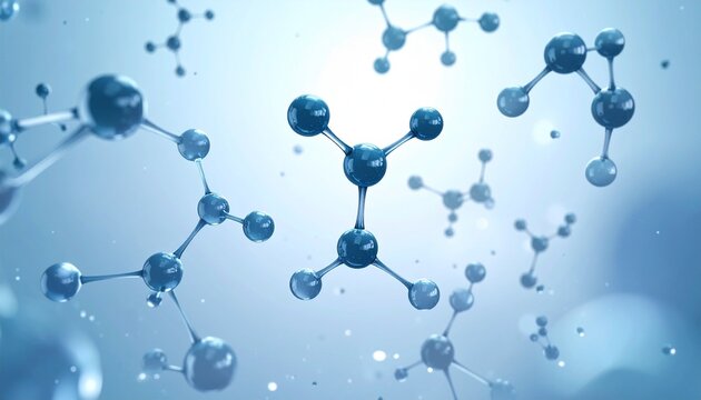 Stylized molecular chain of colored atoms with rods in glowing blue scientific background. - Powered by Adobe