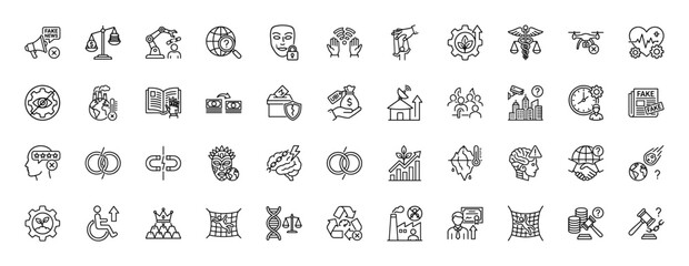 Global issues and future technology line icon set. Vector pictograms of fake news, drone, finance, and climate, thin outline illustration.