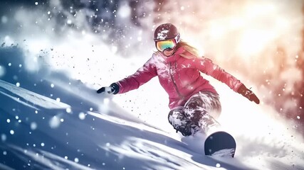 A dynamic action shot of a snowboarder in action on a snowy slope. The style is a blend of realism and artistic interpretation.