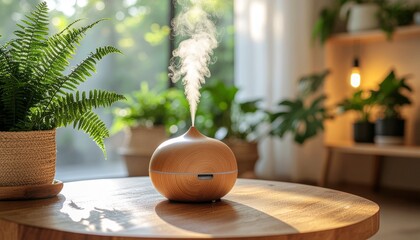 Elegant ceramic aromatherapy diffuser emitting soft mist, placed on a wooden table