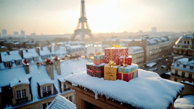 Winter holiday celebration concept. Christmas New Year. A Christmasthemed cityscape with the Eiffel Tower in the background during sunset.