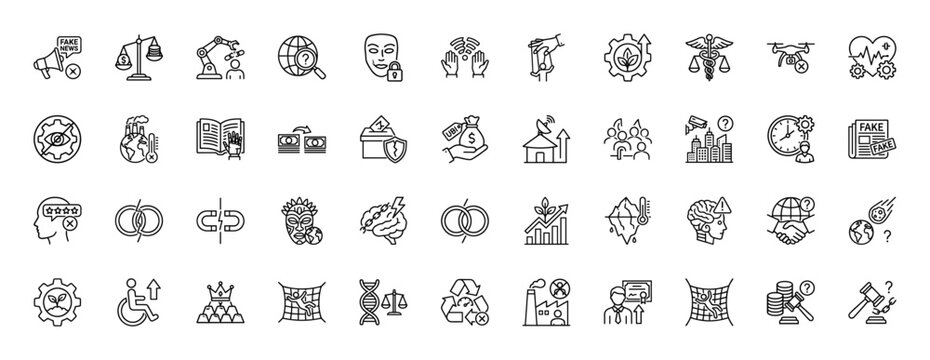 Global issues and future technology line icon set. Vector pictograms of fake news, drone, finance, and climate, thin outline illustration.