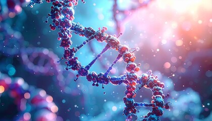 Blue DNA double helix with red nucleotide bases in glowing particle-filled scientific background.