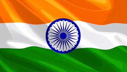 Indian flag with saffron, white, green stripes and navy Ashoka Chakra on silver pole.