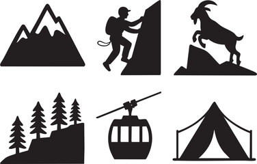 Black silhouette icons of mountains climber goat trees cable car and tent peak snow