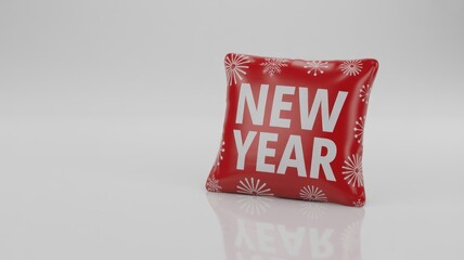 A vivid red cushion with white 'NEW YEAR' text and snowflake graphics rests on a reflective white background. Ideal for holiday celebration.