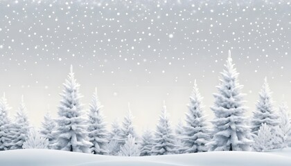 Naklejka premium A picturesque winter landscape featuring snow-covered evergreen trees under a sky filled with gentle snowfall, creating a serene and tranquil holiday scene