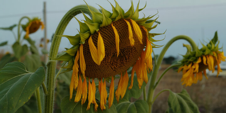 Wilting sunflowers in a field under a cloudy sky