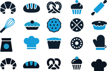 bakery icons vector set featuring bread, croissants, cupcakes and baking tools perfect for cafe branding, menu design and culinary projects.