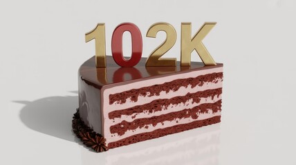 A delicious slice of layered chocolate cake with '102K' in golden and red numbers, symbolizing a celebration or achievement milestone.