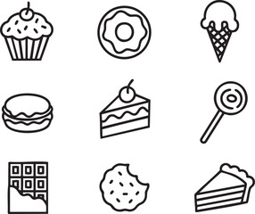 Nine minimalist black line art icons of sweet desserts and treats food