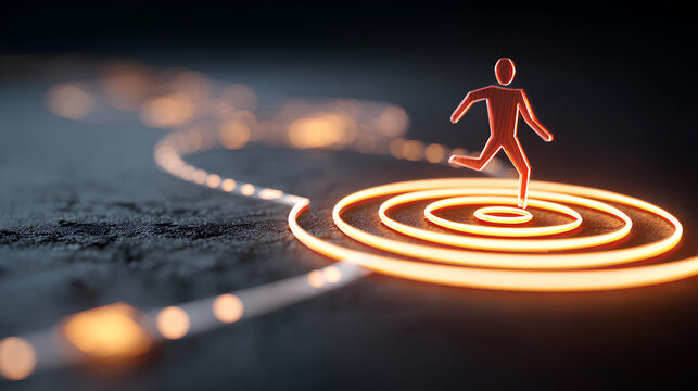 Journey to the goal, business planning concept. Touching a glowing target icon on a connected path with milestones and a running figure. Planning, progress and achievement toward business goals