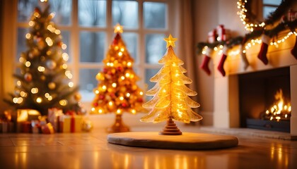 Festive Christmas Eve scene with glowing decorated trees and stockings hung by the fireplace, perfect for holiday greetings