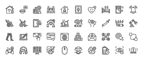 Technology and accessibility line icon set. Vector pictograms of smart home, disability, gaming, and artificial intelligence, thin outline illustration.