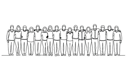 Continuous line drawing of diverse group of people friends team