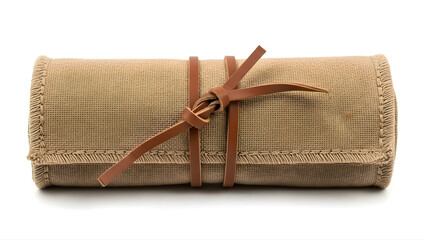 Rolled up textured fabric scroll tied with leather straps  white background