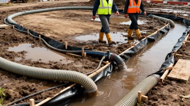Portable drainage system installed around a muddy work area to efficiently divert rainwater and maintain safe footing for site laborers.