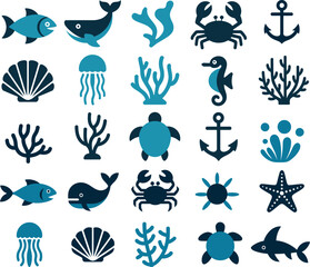 ocean life vector set featuring marine animals and underwater elements ideal for educational themes, kids graphics and aquatic branding.