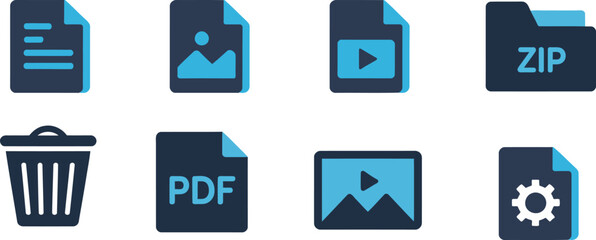 file types icons vector illustration featuring pdf, zip, video, image and settings symbols ideal for ui design, desktop apps and digital workflows.