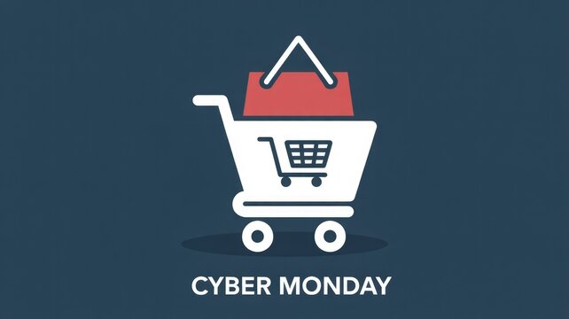 A minimalist illustration featuring a shopping cart with a red bag, advertising "Cyber Monday" sales, symbolizing online deals and e-commerce. - Powered by Adobe