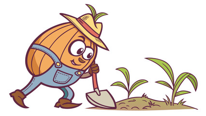 Naklejka premium Cartoon depiction of an onion as a farmer, wearing denim overalls, a straw hat, and holding a small shovel, against a white background.